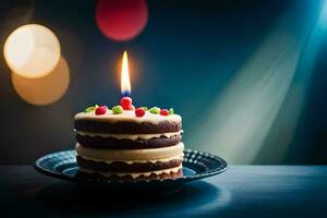 une anniversaire gâteau avec une Célibataire bougie sur il. généré par ai photo