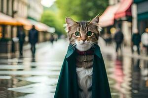 une chat habillé dans une manteau et vert yeux. généré par ai photo