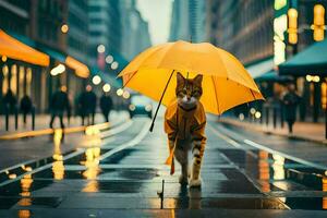 une chat en marchant sur une humide rue avec un parapluie. généré par ai photo