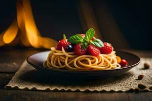 spaghetti avec baies et des noisettes sur une plaque. généré par ai photo