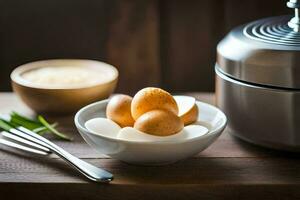 une bol de des œufs et une nourriture processeur. généré par ai photo