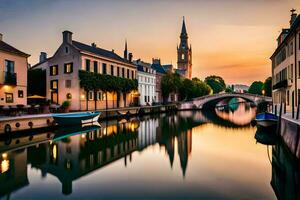 le Soleil est réglage plus de une canal dans une ville. généré par ai photo