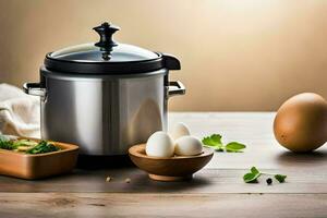un électrique pression cuisinier avec des œufs et brocoli. généré par ai photo