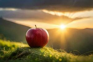 une rouge Pomme sur une flanc de coteau à le coucher du soleil. généré par ai photo