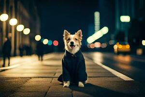 une chien dans une manteau séance sur le rue à nuit. généré par ai photo