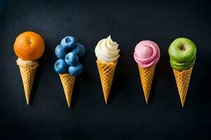 cinq la glace crème cônes avec différent les saveurs de fruit. généré par ai photo