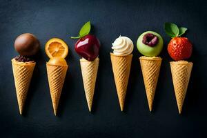 cinq la glace crème cônes avec différent les types de fruit. généré par ai photo