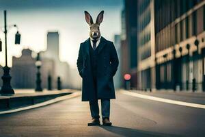 une lapin portant une costume et attacher permanent dans le milieu de une ville rue. généré par ai photo