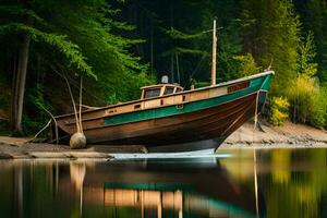 une bateau est séance sur le rive de une rivière. généré par ai photo