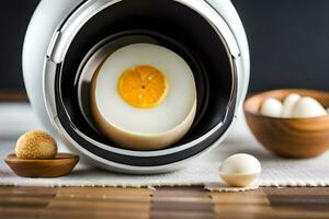 un Oeuf est étant cuit dans un électrique Oeuf cuisinier. généré par ai photo