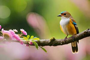 une petit oiseau est séance sur une branche avec rose fleurs. généré par ai photo