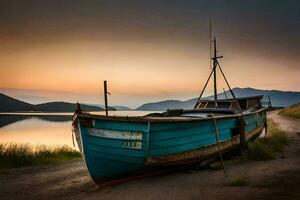 une bateau est assis sur le rive à le coucher du soleil. généré par ai photo