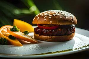 une Hamburger avec des légumes sur une blanc plaque. généré par ai photo