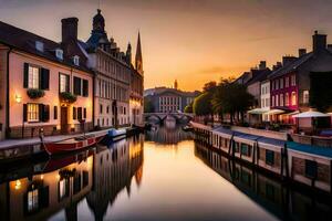 une canal dans bruges, Belgique à le coucher du soleil. généré par ai photo