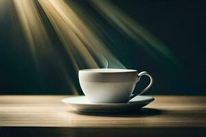 une tasse de café sur une table avec lumière du soleil diffusion par le la fenêtre. généré par ai photo