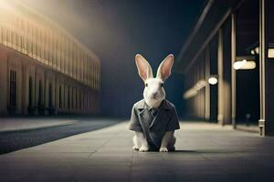 une lapin portant une costume et attacher est assis sur le rue. généré par ai photo