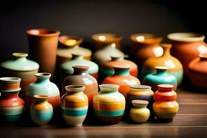 une groupe de coloré des vases séance sur une tableau. généré par ai photo