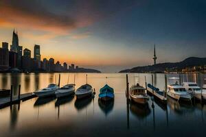 bateaux amarré dans le l'eau à le coucher du soleil avec ville horizon dans le Contexte. généré par ai photo