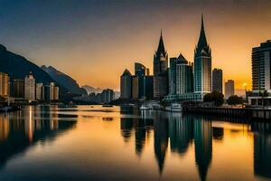 le ville horizon à le coucher du soleil dans Dubai. généré par ai photo