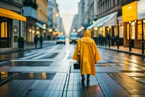 une femme dans une Jaune imperméable en marchant vers le bas une rue. généré par ai photo