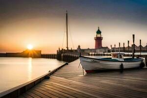 une bateau est assis sur le Dock à le coucher du soleil. généré par ai photo