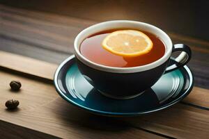 une tasse de thé avec citron tranche sur le tableau. généré par ai photo