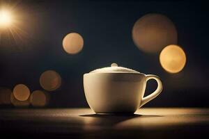 une tasse de café sur une table avec bokeh lumières. généré par ai photo