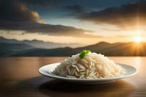 le riz est servi sur une assiette avec une Montagne voir. généré par ai photo