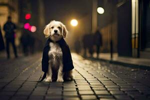 une chien dans une cap séance sur le rue à nuit. généré par ai photo