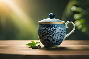 une théière sur une en bois table avec feuilles. généré par ai photo