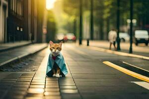 une chat portant une cap des promenades vers le bas une rue. généré par ai photo