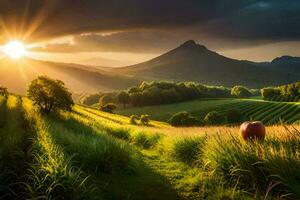 le Soleil monte plus de une vert champ avec une rouge Pomme. généré par ai photo