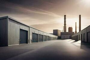 une grand industriel bâtiment avec deux garage des portes. généré par ai photo