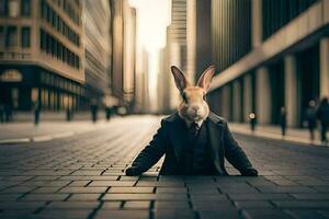 une lapin dans une costume et attacher séance sur le rue. généré par ai photo