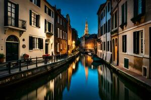 une canal dans une ville à nuit avec bâtiments et une église. généré par ai photo