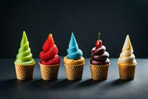 cinq la glace crème cônes avec différent coloré garnitures. généré par ai photo