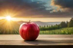 un Pomme est assis sur une en bois table dans de face de une le coucher du soleil. généré par ai photo