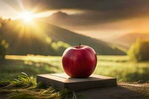 un Pomme est assis sur une en bois planche dans de face de une le coucher du soleil. généré par ai photo