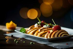 une assiette de nourriture avec des fraises et crème. généré par ai photo