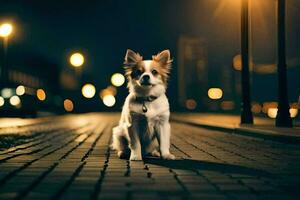 une chien séance sur le rue à nuit. généré par ai photo