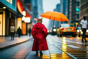 une chat dans une rouge manteau en marchant vers le bas une ville rue. généré par ai photo