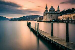 une longue exposition photo de une église dans le l'eau. généré par ai