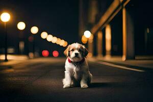 une chien séance sur le rue à nuit. généré par ai photo