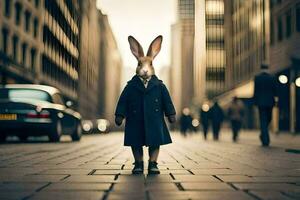 une lapin portant une manteau et attacher permanent dans le milieu de une ville rue. généré par ai photo