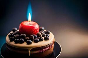 une anniversaire gâteau avec une bougie et baies. généré par ai photo