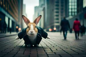 une lapin portant une costume et attacher sur le rue. généré par ai photo