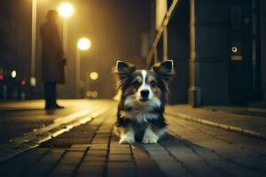 une chien séance sur le trottoir à nuit. généré par ai photo