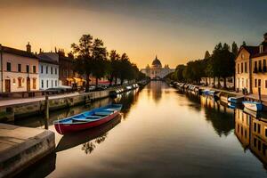 une canal avec bateaux dans le milieu de une ville. généré par ai photo