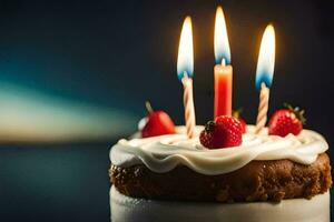 une anniversaire gâteau avec bougies et des fraises. généré par ai photo