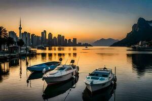 bateaux sont amarré dans le l'eau à le coucher du soleil. généré par ai photo